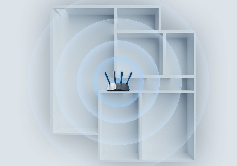 Router ASUS RT-BE58U Schematyczny rzut mieszkania z góry pokazujący rozchodzenie się fal radiowych z centralnie umieszczonego urządzenia