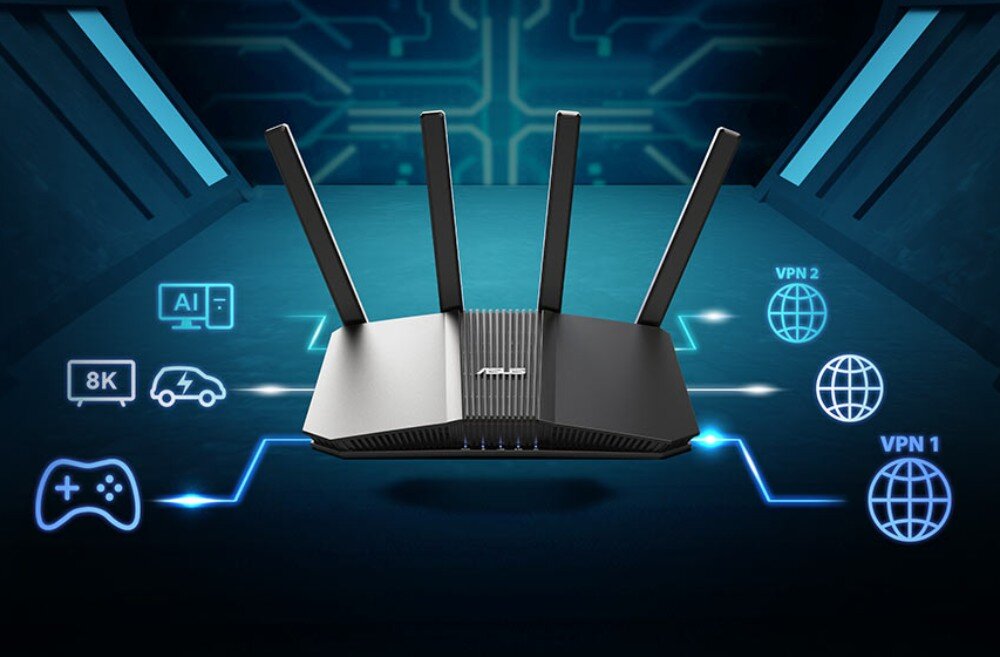 Router ASUS RT-BE58U Router na ciemnym tle z niebieskimi liniami obwodów oraz ikonami reprezentującymi gry wideo streaming 8K i tunele VPN