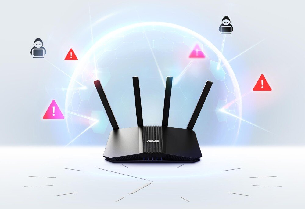 Router ASUS RT-BE58U Router chroniony przez półprzezroczystą barierę energetyczną odbijającą ikony hakerów i czerwone trójkąty ostrzegawcze