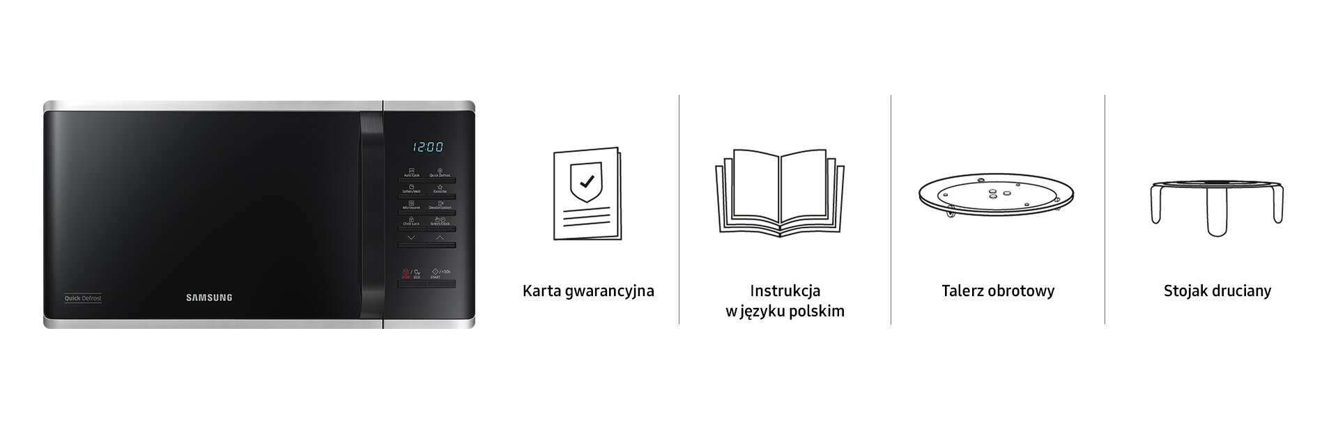 Obraz przedstawia kuchenkę mikrofalową z czarnym frontem i panelem sterowania z wyświetlaczem. Obok znajdują się ikony: karta gwarancyjna, instrukcja w języku polskim, talerz obrotowy i stojak druciany.