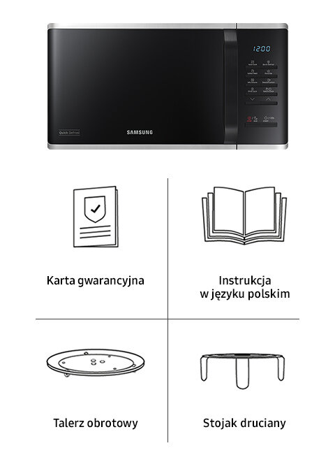 Obraz przedstawia kuchenkę mikrofalową z wyświetlaczem i panelem dotykowym po prawej stronie. Poniżej znajdują się ikony z podpisami: \'Karta gwarancyjna\', \'Instrukcja w języku polskim\', \'Talerz obrotowy\', \'Stojak druciany\'.