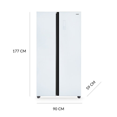 Lodówka MPM-427-SBS-05/NL
 z oznaczeniem poszczególnych wymiarów: 177 cm x 90 cm x 59 cm.