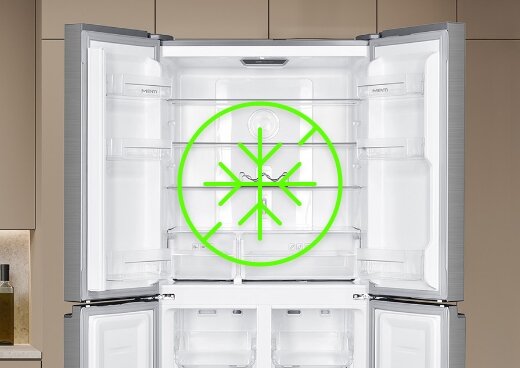 Zbliżenie na otwartą lodówkę Multi Door Total No Frost
MPM-434-SBF-08. Symbol przekreślonego płatka śniegu w okręgu.