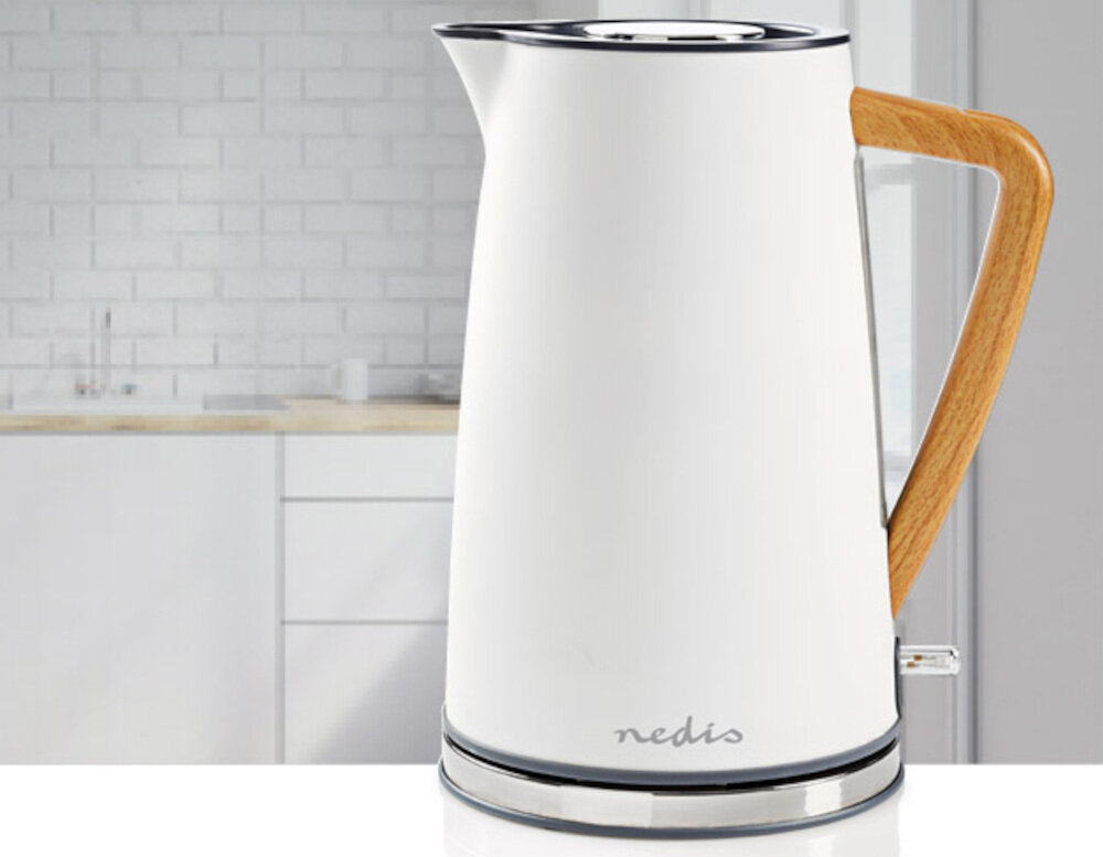 Czajnik NEDIS KAWK510EWT Elegancja funkcjonalność wykończenia Soft Touch stal nierdzewna wykonanie naturalne drewno komfort użytkowania