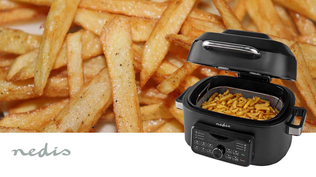 Frytkownica beztłuszczowa NEDIS KAAFG600BK Air Fryer szybkie gotowanie gorące powietrze pojemność posiłki moc jedzenie 7 zaprogramowanych ustawień dostosowanie czas temperatura efekty