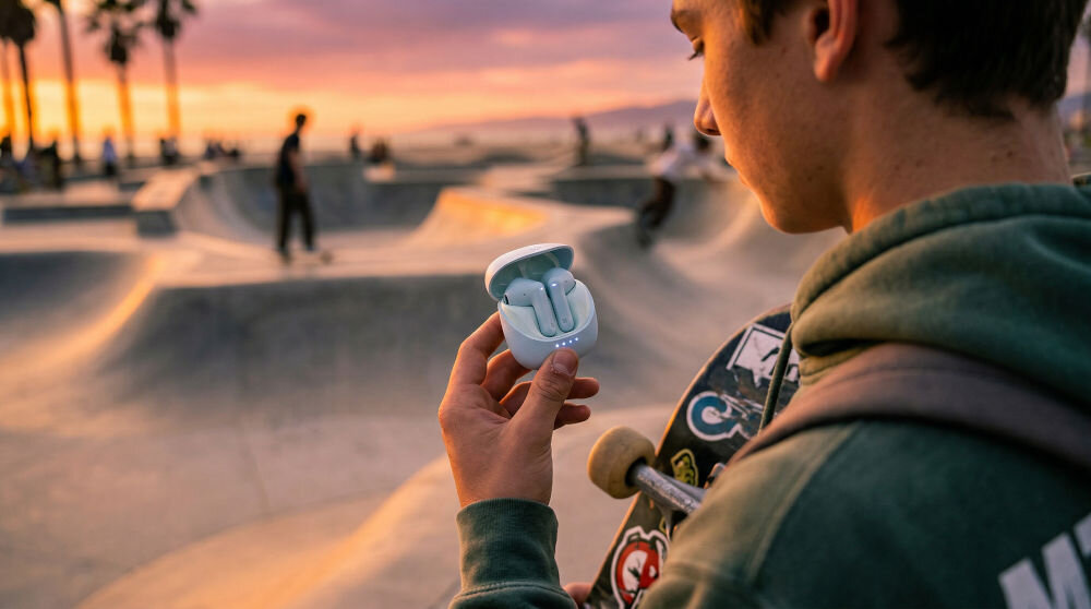 Osoba trzyma niebieskie słuchawki douszne w otwartym etui, w tle widać grupę ludzi na deskorolkach i rowerach w skateparku.