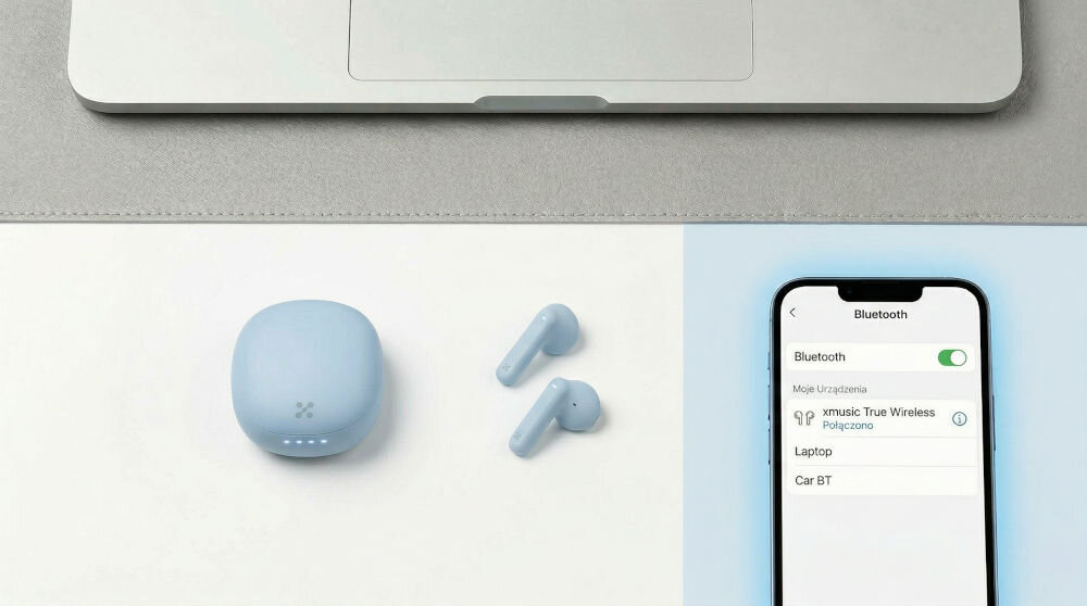 Na obrazie widoczne są niebieskie słuchawki douszne oraz etui ładujące, obok znajduje się smartfon z włączonym ekranem ustawień Bluetooth. Na ekranie telefonu widoczny jest tekst: \'Bluetooth\', \'Urządzenia\', \'music True Wireless\', \'Laptop\', \'Car BT\'.