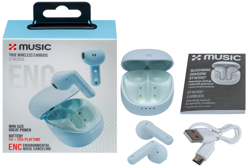 Słuchawki douszne XMUSIC XTW300B Niebieski Kompozycja przedstawiająca zawartość produktu: niebieskie opakowanie kartonowe słuchawek XMUSIC XTW300B, otwarte etui do ładowania w kolorze jasnoniebieskim, instrukcję obsługi, parę jasnoniebieskich słuchawek oraz kabel do ładowania USB-A do USB-C.