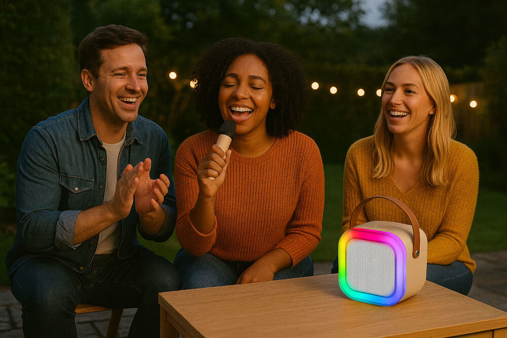 BLOW Karaoke RGB bezprzewodowy głośnik mobilny z mikrofonem i funkcją karaoke, głośnik stojący na stole, osoby siedzące obok stolika