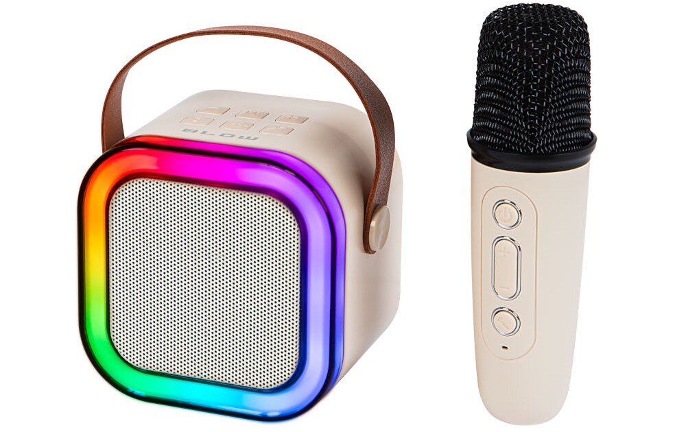 BLOW Karaoke RGB przenośny głośnik z prostą obsługą i kompaktową konstrukcją, głośnik z mikrofonem pod skosem na białym tle