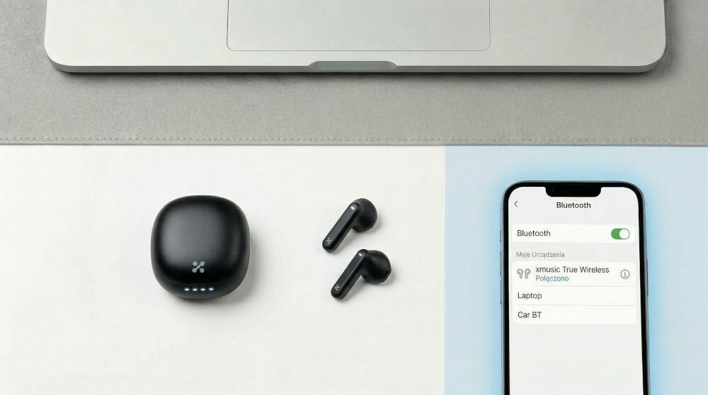 Na obrazie widoczne są czarne słuchawki douszne z etui ładującym oraz smartfon z włączonym ekranem ustawień Bluetooth. Na ekranie telefonu widnieje tekst: \'Bluetooth\', \'xmusić True Wireless Połączono\'.