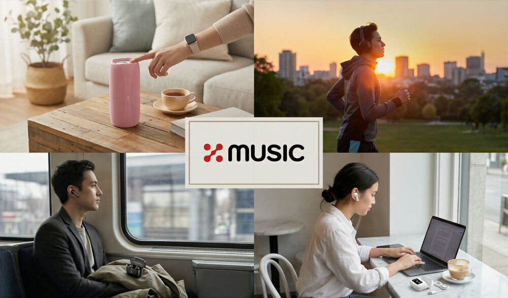 Kolaż czterech zdjęć przedstawiających różne sceny z ludźmi używającymi słuchawek. W centrum znajduje się logo \'XMUSIC\'.