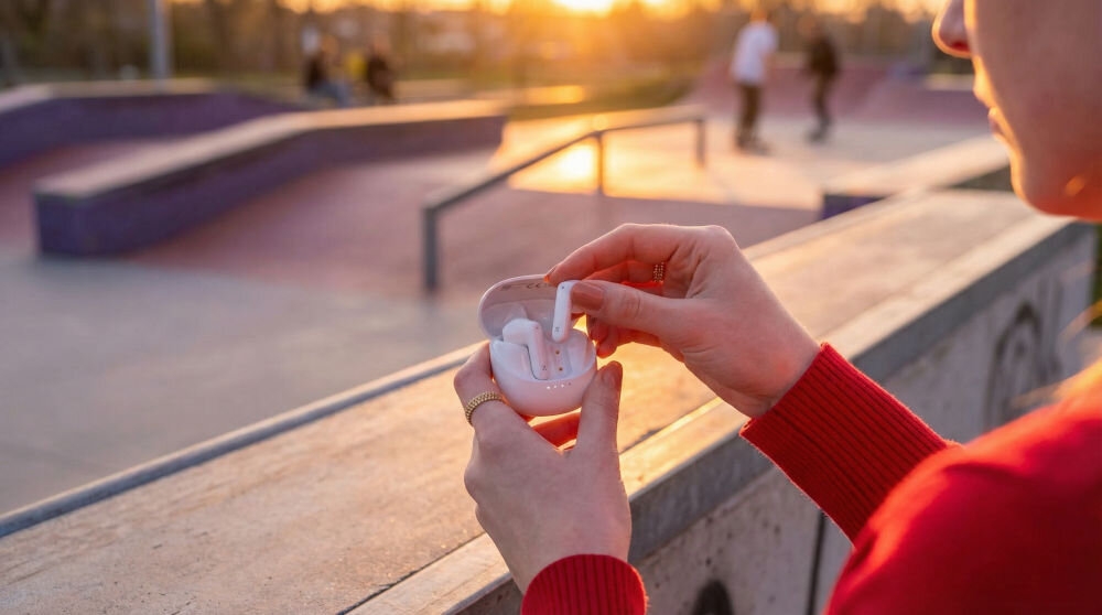 Osoba trzyma otwarte etui z białymi słuchawkami dousznymi na tle skateparku o zachodzie słońca. W tle widać kilka osób korzystających z ramp.