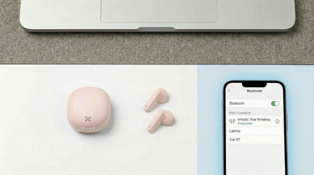 Na obrazie widoczne są różowe słuchawki douszne oraz etui ładujące z logo. Obok znajduje się smartfon z włączonym ekranem ustawień Bluetooth, gdzie widnieje tekst: \'Bluetooth\', \'Moje Urządzenia\', \'xmusic True Wireless Połączono\'.