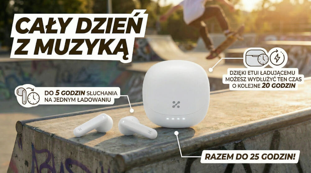 Na zdjęciu widoczne są białe słuchawki douszne oraz etui ładujące na tle skateparku. Tekst na obrazie: \'CAŁY DZIEŃ Z MUZYKĄ\', \'DO 5 GODZIN SŁUCHANIA NA JEDNYM ŁADOWANIU\', \'DZIĘKI ETUI ŁADUJĄCEMU MOŻESZ WYDŁUŻYĆ TEN CZAS O KOLEJNE 20 GODZIN\', \'RAZEM DO 25 GODZIN!\'.