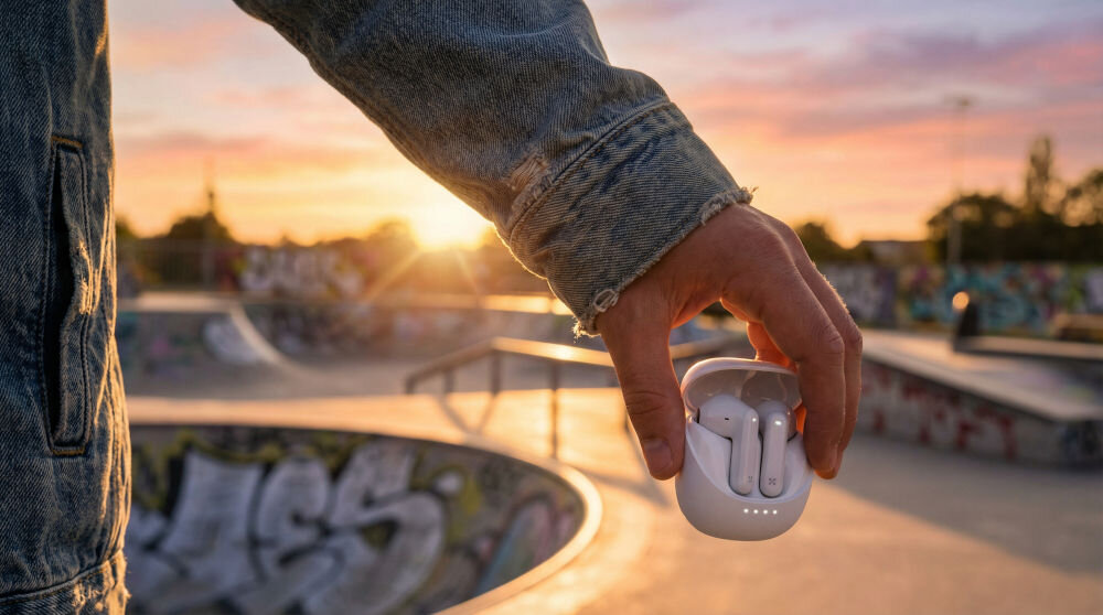 Osoba w kurtce jeansowej trzyma białe słuchawki douszne w etui na tle skateparku o zachodzie słońca. W tle widoczne są graffiti i rampy.