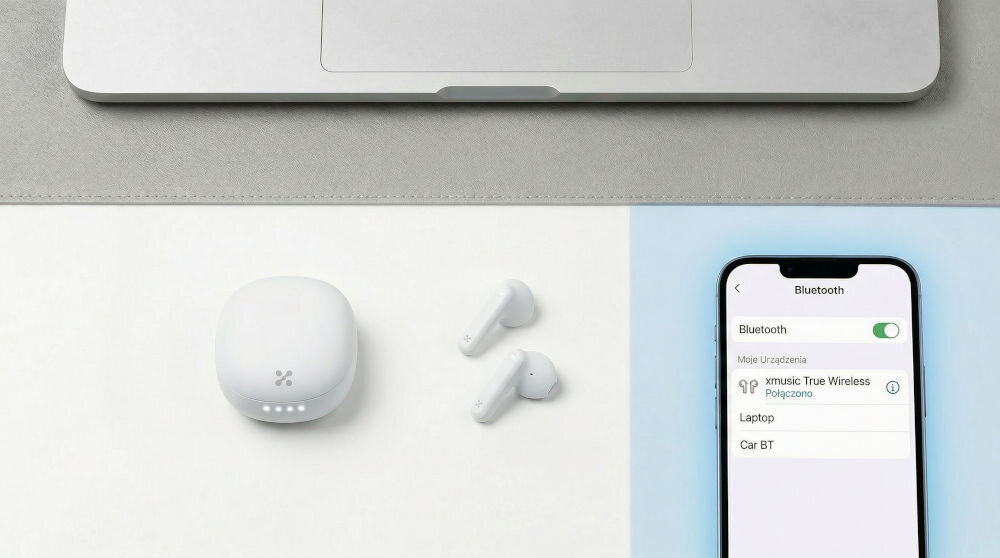 Na obrazie widoczne są białe słuchawki douszne oraz etui ładujące, obok znajduje się smartfon z włączonym ekranem Bluetooth. Na ekranie telefonu widnieje tekst: \'Bluetooth\', \'Moje Urządzenia\', \'xmusic True Wireless Połączono\', \'Laptop\', \'Car BT\'.