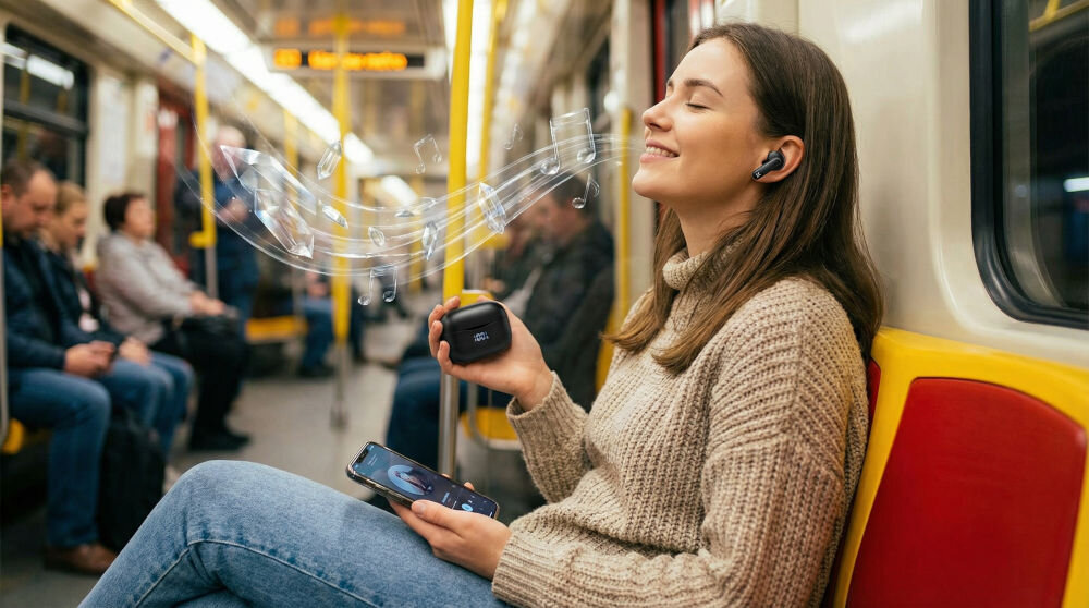 Osoba siedzi w pociągu, nosząc czarne słuchawki dokanałowe i trzymając etui. W tle widać innych pasażerów oraz wnętrze wagonu.