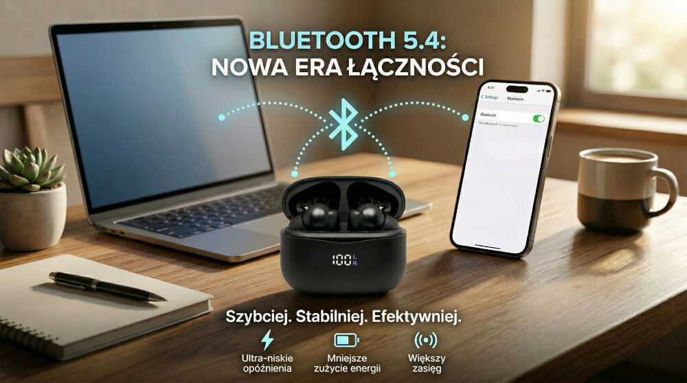 Na drewnianym stole znajdują się otwarte czarne słuchawki dokanałowe w etui z wyświetlaczem, obok laptopa, smartfona i filiżanki. Tekst na obrazie: \'BLUETOOTH 5.4: NOWA ERA ŁĄCZNOŚCI\', \'Szybciej. Stabilniej. Efektywniej.\', oraz ikony z opisami: \'Ultra-niskie opóźnienia\', \'Mniejsze zużycie energii\', \'Większy zasięg\'.