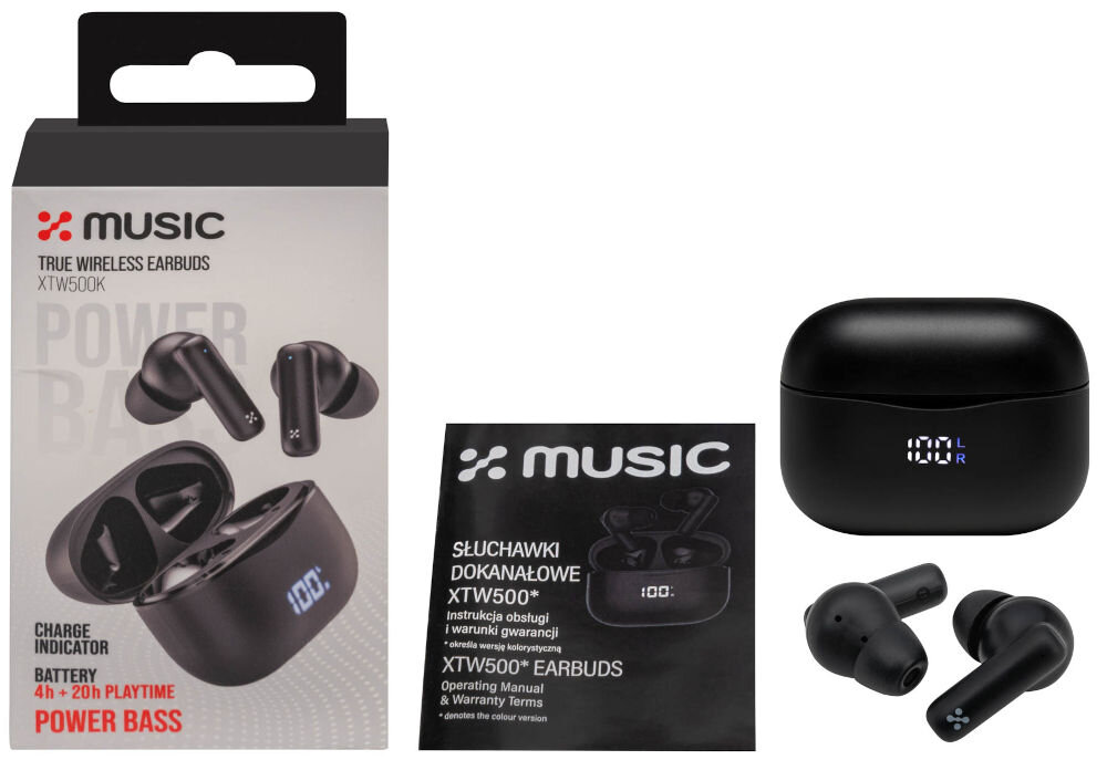 Słuchawki dokanałowe XMUSIC XTW500K Zestaw słuchawek dousznych XMUSIC XTW500K: pudełko, instrukcja obsługi, czarne etui z wskaźnikiem naładowania i dwie słuchawki True Wireless.