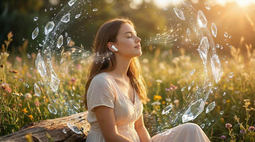 Osoba siedzi na łące w otoczeniu kwiatów, nosząc białe słuchawki dokanałowe. Wokół niej unoszą się kryształowe elementy i nuty muzyczne.