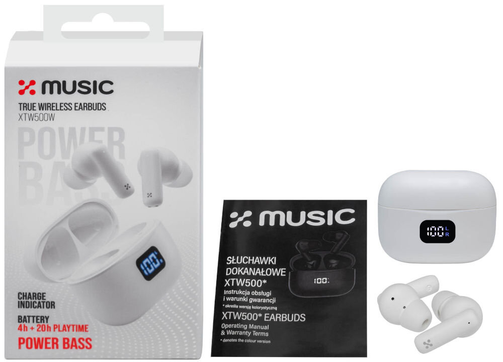 Słuchawki dokanałowe XMUSIC XTW500W Zestaw słuchawek dousznych XMUSIC XTW500W: pudełko, instrukcja obsługi, czarne etui z wskaźnikiem naładowania i dwie słuchawki True Wireless.