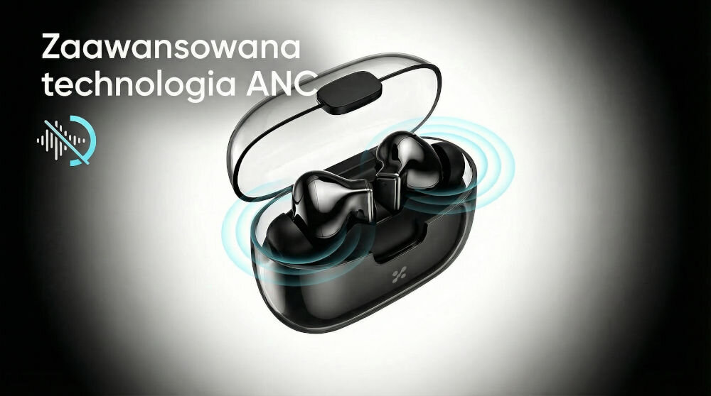 Obraz przedstawia czarne słuchawki dokanałowe w otwartym etui, z widocznymi falami dźwiękowymi. Na obrazie znajduje się tekst: \'Zaawansowana technologia ANC\'.
