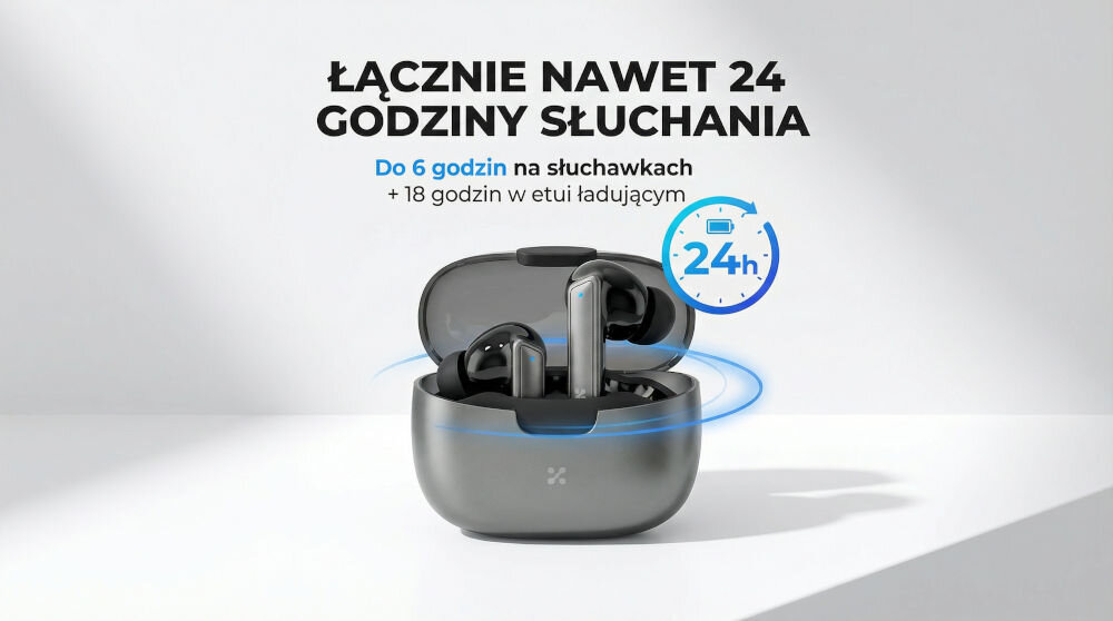 Na obrazie widoczne są czarne słuchawki dokanałowe w etui ładującym. Tekst na obrazie: \'ŁĄCZNIE NAWET 24 GODZINY SŁUCHANIA Do 6 godzin na słuchawkach + 18 godzin w etui ładującym\'.