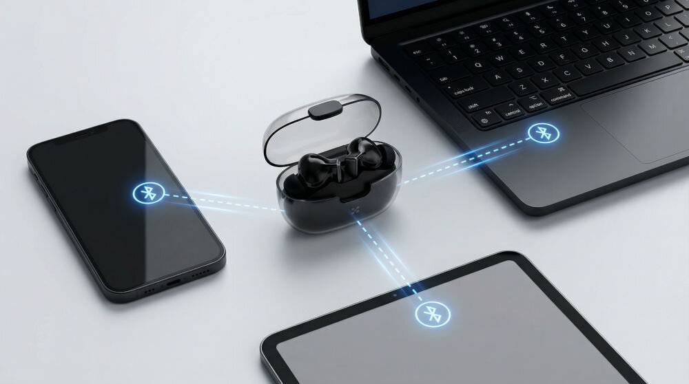 Na obrazie widoczne są czarne słuchawki dokanałowe w otwartym etui, umieszczone na stole obok smartfona, tabletu i laptopa. Wszystkie urządzenia mają ikony Bluetooth, sugerujące połączenie bezprzewodowe.