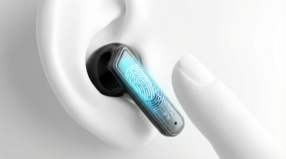 Słuchawka dokanałowa w kolorze czarnym umieszczona w uchu, z widocznym niebieskim wzorem przypominającym odcisk palca na zewnętrznej części. Obok znajduje się palec wskazujący dotykający słuchawki.