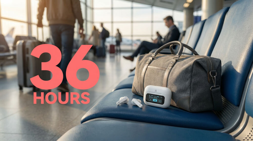 Słuchawki dokanałowe XMUSIC XTW950W ANC Biały Białe słuchawki bezprzewodowe XMUSIC leżą obok otwartego etui z wbudowanym ekranem na niebieskim fotelu lotniskowym. W tle widać rozmytego pasażera z walizką w hali odlotów. Na pierwszym planie duży czerwony napis 36 HOURS, wskazujący na łączny czas pracy baterii.
