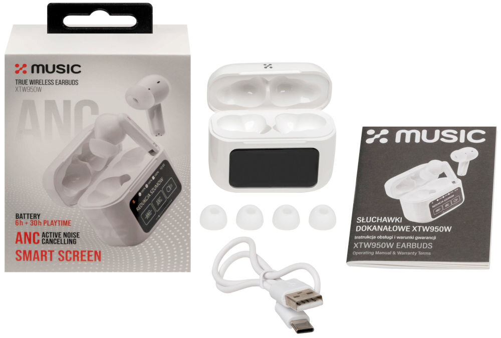 Słuchawki dokanałowe XMUSIC XTW950W ANC Biały Kompozycja przedstawiająca zestaw produktu: białe opakowanie kartonowe słuchawek XMUSIC XTW950W z informacjami o ANC i Smart Screen, otwarte etui do ładowania, instrukcję obsługi, cztery pary silikonowych nakładek (gumek) oraz kabel do ładowania USB-A do USB-C.