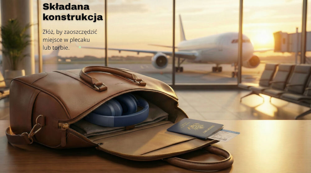 Na stole leży otwarta torba, w której znajdują się niebieskie słuchawki nauszne i paszport. W tle widać samolot na płycie lotniska o zachodzie słońca, a na obrazie widnieje tekst: \'Składana konstrukcja. Złóż, by zaoszczędzić miejsce w plecaku lub torbie.\'
