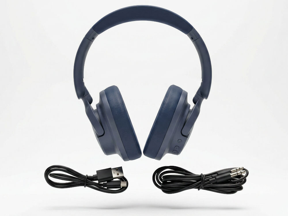 Na obrazie widoczne są niebieskie słuchawki nauszne, opakowanie z logo \'XMUSIC\' oraz tekstem \'WIRELESS HEADPHONES XWH300B\', a także kable i instrukcja obsługi. Opakowanie informuje o 48-godzinnym czasie pracy baterii i funkcji ANC (Active Noise Canceling).