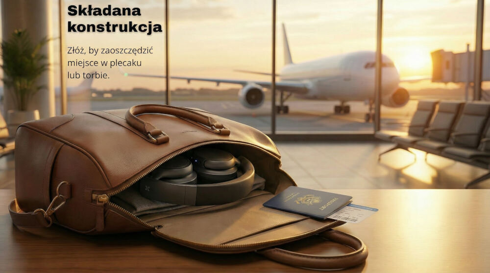 Na stole znajduje się otwarta torba z widocznymi słuchawkami i paszportem. W tle widać samolot na płycie lotniska oraz tekst: \'Składana konstrukcja Złóż, by zaoszczędzić miejsce w plecaku lub torbie.\'
