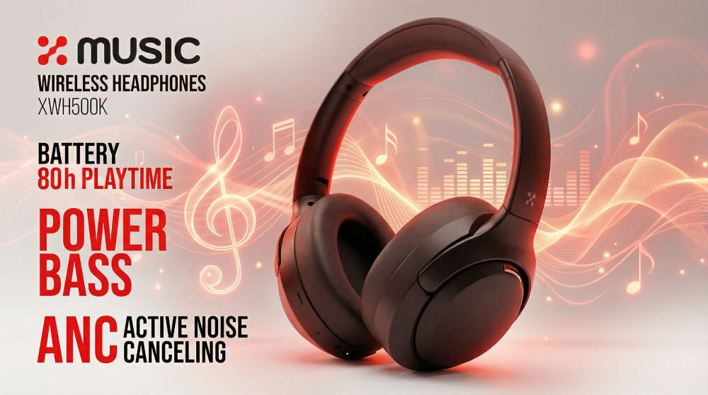 Czarne słuchawki nauszne z logo \'X MUSIC\' i napisami: \'WIRELESS HEADPHONES XWH500K\', \'BATTERY 80h PLAYTIME\', \'POWER BASS\', \'ANC ACTIVE NOISE CANCELING\'. W tle widoczne są graficzne elementy muzyczne i fale dźwiękowe.