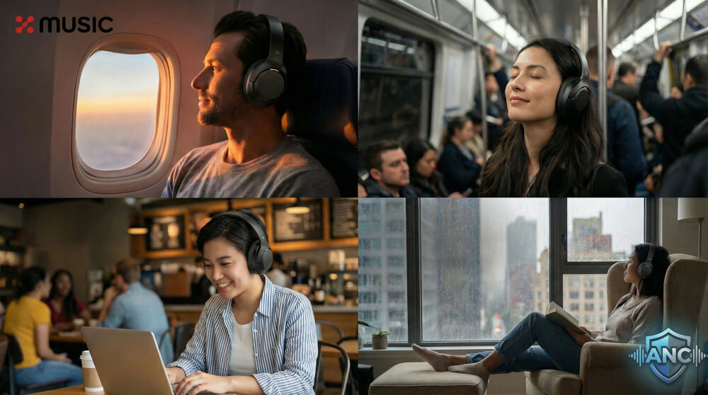 Cztery osoby noszące czarne słuchawki w różnych miejscach: w samolocie, w pociągu, w kawiarni i w domu. Widoczne logo \'XMUSIC\' i symbol \'ANC\'.