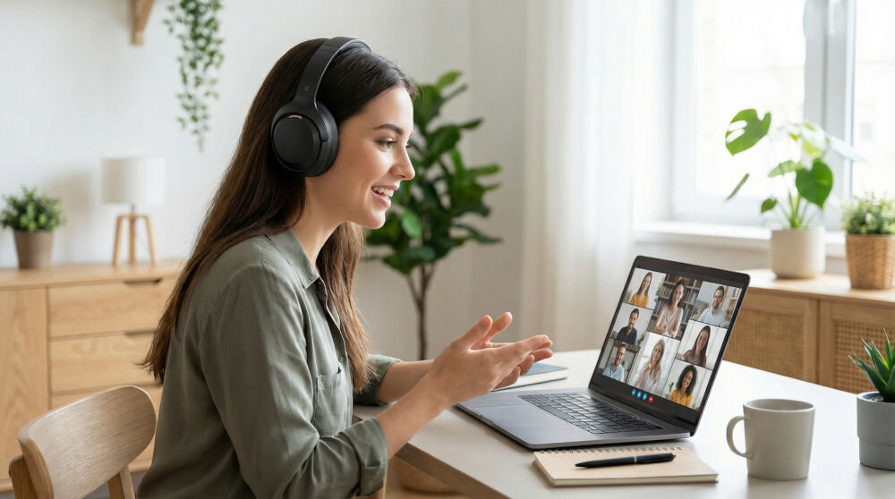 Osoba siedzi przy biurku, nosząc czarne słuchawki nauszne i uczestniczy w wideokonferencji na laptopie. W tle widać rośliny i drewniane meble.