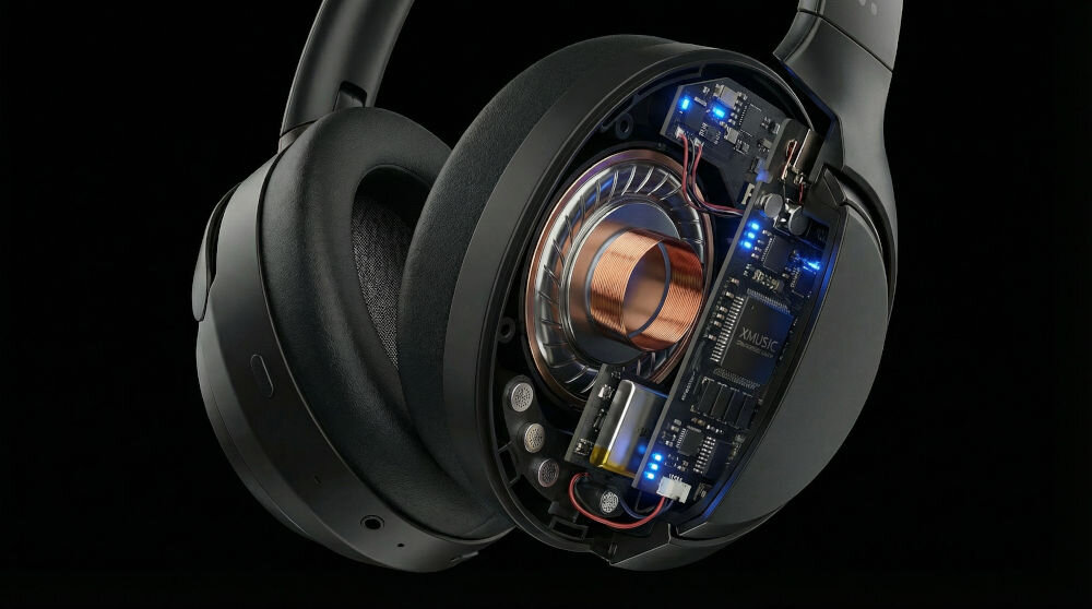 Obraz przedstawia czarne słuchawki nauszne z widocznym wnętrzem jednej z muszli, ukazującym elementy elektroniczne i cewkę. Widać podświetlone na niebiesko diody oraz płytkę z napisem \'XMUSIC\'.