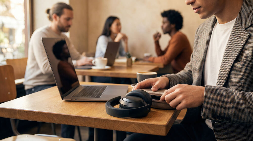Na drewnianym stole w kawiarni leży laptop i czarne słuchawki nauszne. W tle widać osoby siedzące przy innych stolikach.