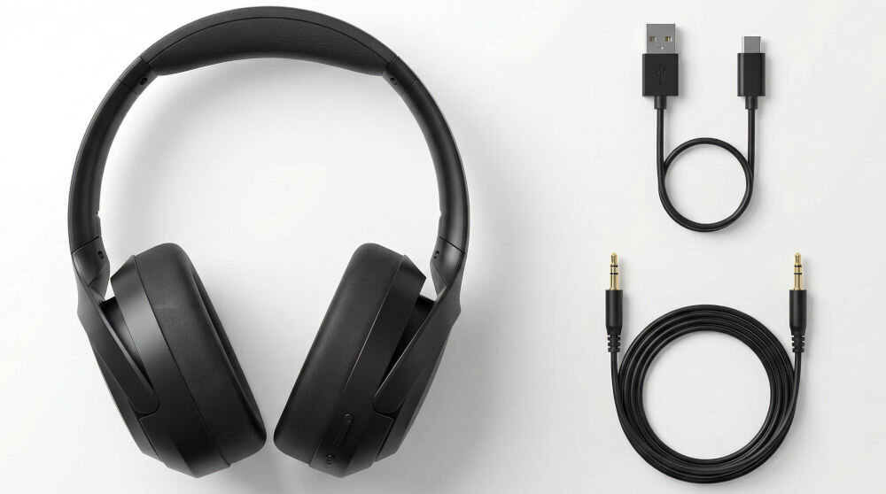 Na obrazie widoczne są czarne słuchawki nauszne oraz dwa kable: jeden z końcówkami USB, drugi z końcówkami jack 3,5 mm.
