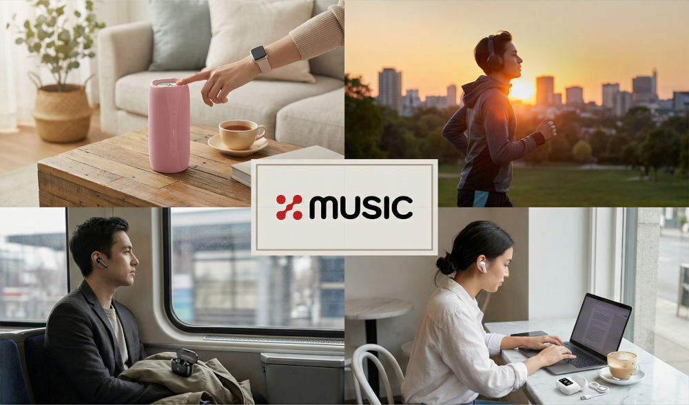 Kolaż czterech zdjęć prezentujących produkty marki XMUSIC w codziennych sytuacjach, z logotypem XMUSIC w centralnym punkcie. W lewym górnym rogu dłoń dotykająca różowego głośnika bezprzewodowego na drewnianym stoliku w salonie. W prawym górnym rogu mężczyzna biegający w słuchawkach nausznych o zachodzie słońca. W lewym dolnym rogu mężczyzna w pociągu korzystający z czarnych słuchawek dousznych TWS. W prawym dolnym rogu kobieta pracująca przy laptopie w kawiarni, mająca w uszach białe słuchawki bezprzewodowe.