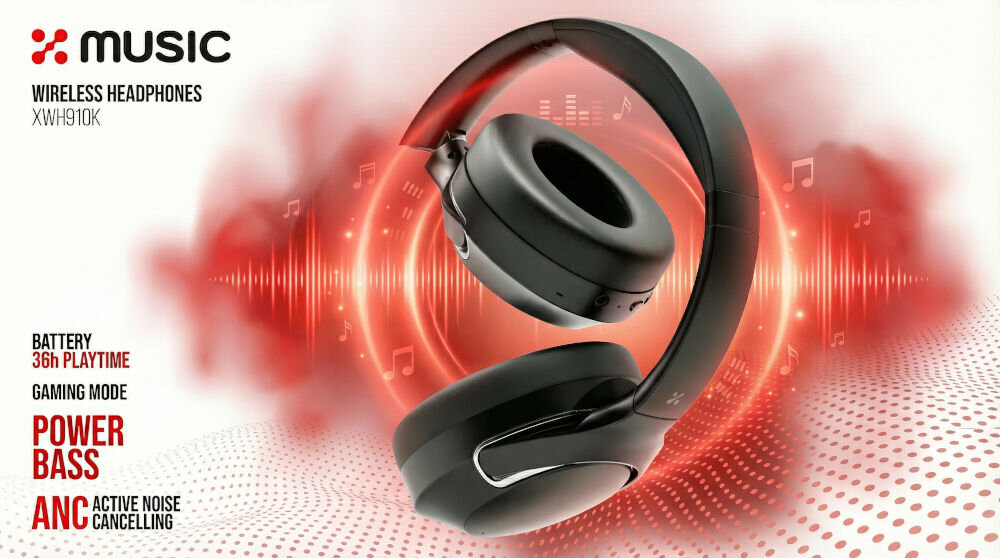 Słuchawki nauszne XMUSIC XWH910K ANC Czarny Grafika promocyjna słuchawek bezprzewodowych MUSIC XWH910K. Czarne słuchawki nauszne unoszą się na tle czerwonych fal dźwiękowych i nut. Napisy wymieniają cechy: BATTERY 36h PLAYTIME, GAMING MODE, POWER BASS, ANC ACTIVE NOISE CANCELLING. W lewym górnym rogu logo marki MUSIC
