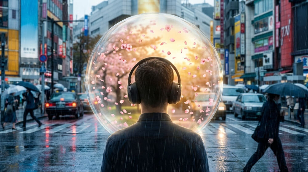 Słuchawki nauszne XMUSIC XWH910K ANC Czarny Widok od tyłu na mężczyznę w czarnych słuchawkach nausznych i koszuli, stojącego na mokrej od deszczu ulicy w Tokio. Jego głowę otacza przezroczysta bańka, wewnątrz której wirują różowe płatki wiśni na tle zachodu słońca. W tle widać ruchliwe ulice japońskiego miasta z neonami, samochodami i przechodniami z parasolami