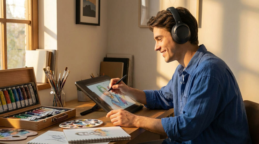 Słuchawki nauszne XMUSIC XWH910K ANC Czarny  Młody mężczyzna w niebieskiej koszuli siedzi przy drewnianym biurku obok okna w słoneczny dzień. Ma na głowie czarne słuchawki nauszne i uśmiecha się, rysując piórkiem na tablecie graficznym Wacom Cintiq. Na ekranie tabletu widać niedokończony portret. Obok stoją pędzle, farby i szkicownik.