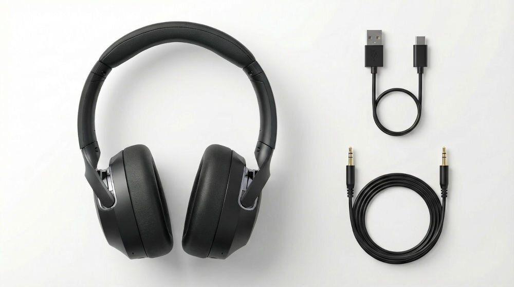 Słuchawki nauszne XMUSIC XWH910K ANC Czarny Czarne słuchawki wokółuszne XMUSIC XWH910K obok zwiniętego kabla audio Jack 3,5 mm oraz krótkiego przewodu ładującego USB-C na białym tle.