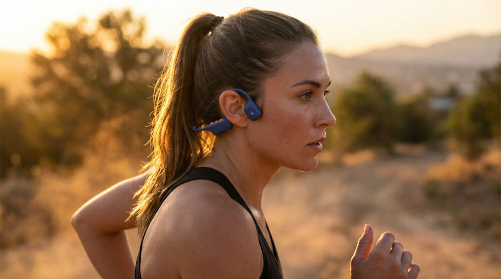 Słuchawki powietrzne XMUSIC XWS500B Niebieski Kobieta w sportowym ubraniu biegnąca w górach o zachodzie słońca. Ma na sobie słuchawki bone conduction.