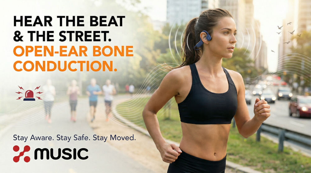 Słuchawki powietrzne XMUSIC XWS500B Niebieski Plakat reklamowy słuchawek bone conduction MUSIC. Widoczna kobieta biegająca w mieście oraz hasła: HEAR THE BEAT & THE STREET, OPEN-EAR BONE CONDUCTION, Stay Aware. Stay Safe. Stay Moved.