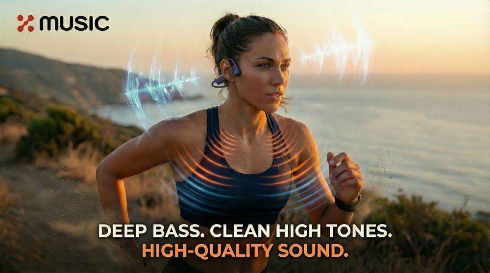 Słuchawki powietrzne XMUSIC XWS500B Niebieski Kobieta biegająca w górach o wschodzie słońca. Ma na sobie słuchawki MUSIC i widać grafikę z falami dźwiękowymi. Poniżej napis DEEP BASS. CLEAN HIGH TONES. HIGH-QUALITY SOUND.