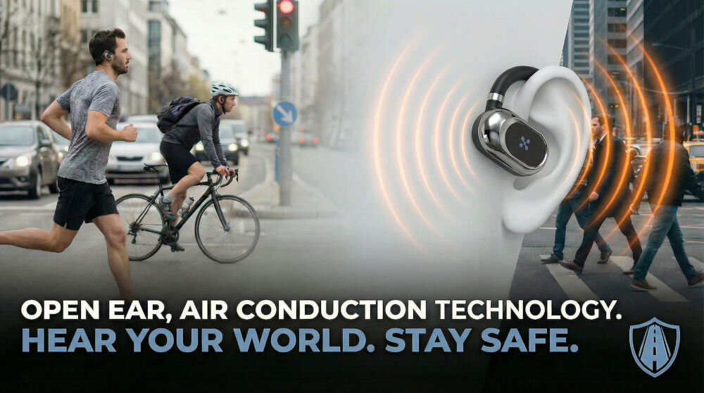 Słuchawki powietrzne XMUSIC XWS550K Zdjęcie reklamowe z podziałem ekranu i wizualizacją działania słuchawek. Po lewej stronie mężczyzna biegnący ulicą i mężczyzna jadący na rowerze. Pośrodku duża wizualizacja ucha ze słuchawką nauszną XWS550K emitującą pomarańczowe fale dźwiękowe. Po prawej stronie piesi przechodzący przez przejście dla pieszych. Poniżej napis: OPEN EAR, AIR CONDUCTION TECHNOLOGY. HEAR YOUR WORLD. STAY SAFE. oraz logo tarczy z drogą.